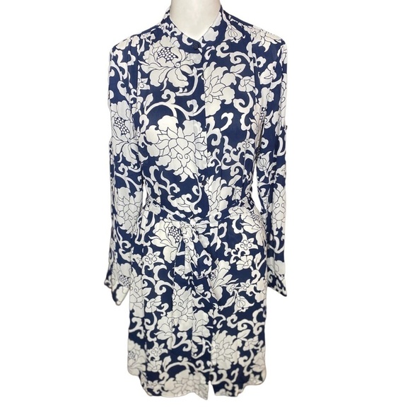 Banana Republic Navy Blue White Floral Tie Waist Dress Long Sleeve size 2 - Picture 2 of 12